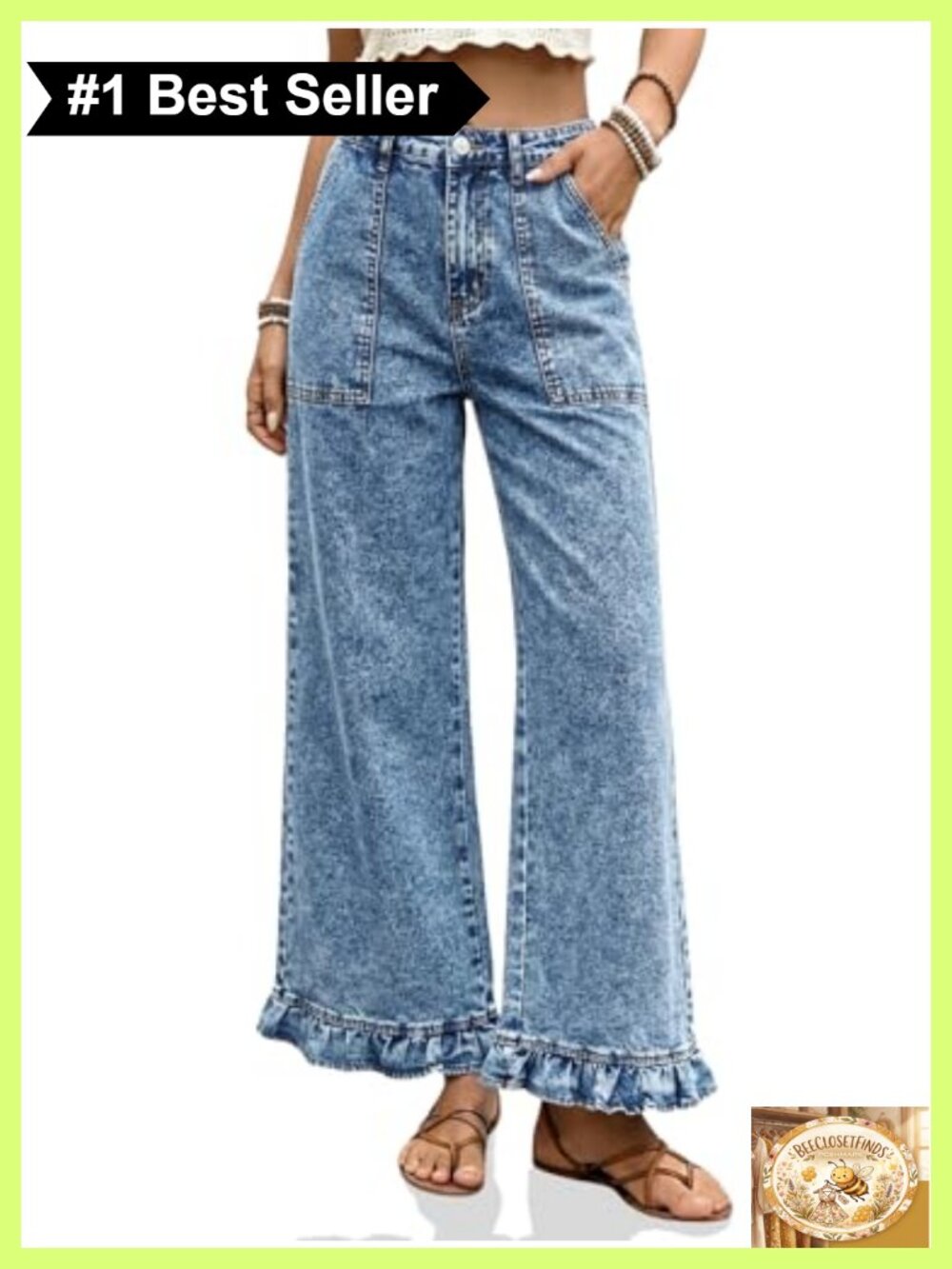 Womens Cropped High Waisted Ruffle Hem Wide Leg Jeans